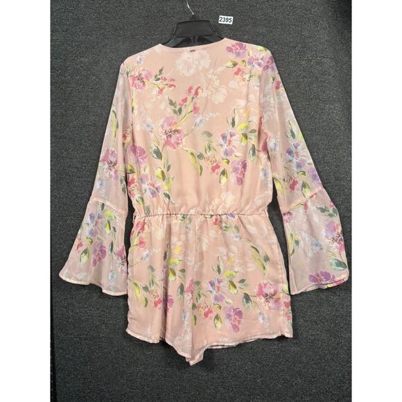 Guess Floral Wrap Darla Romper Womens Size L Pink Bell Sleeves V-Neck *NO BELT - Picture 2 of 11